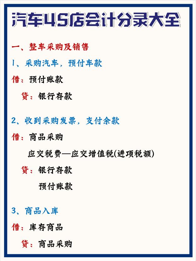 4s店汽车会计分录大全,汽车4s店会计做账流程新手必看