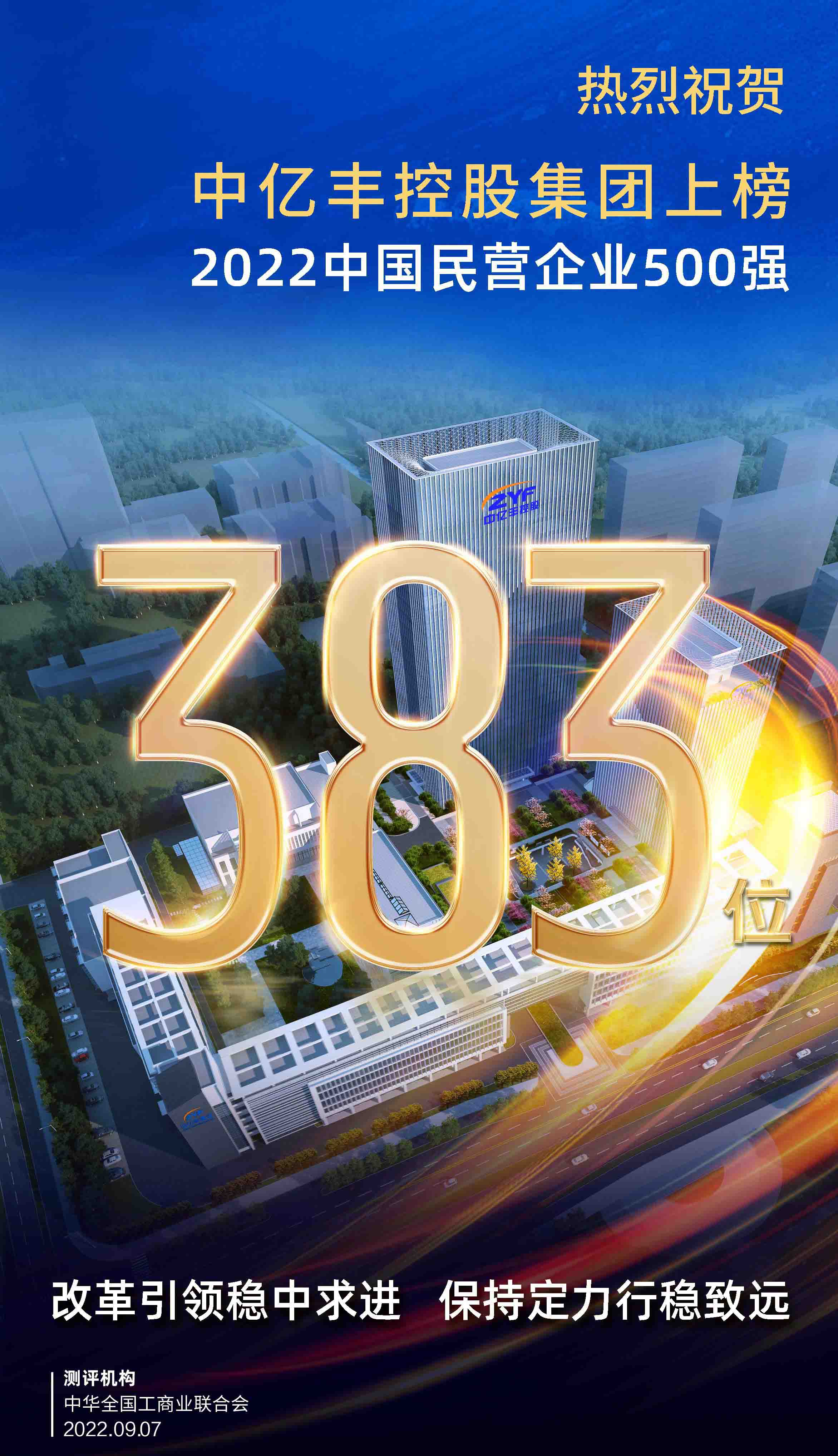 中亿丰控股集团上榜中国民营企业500强，位列第383位