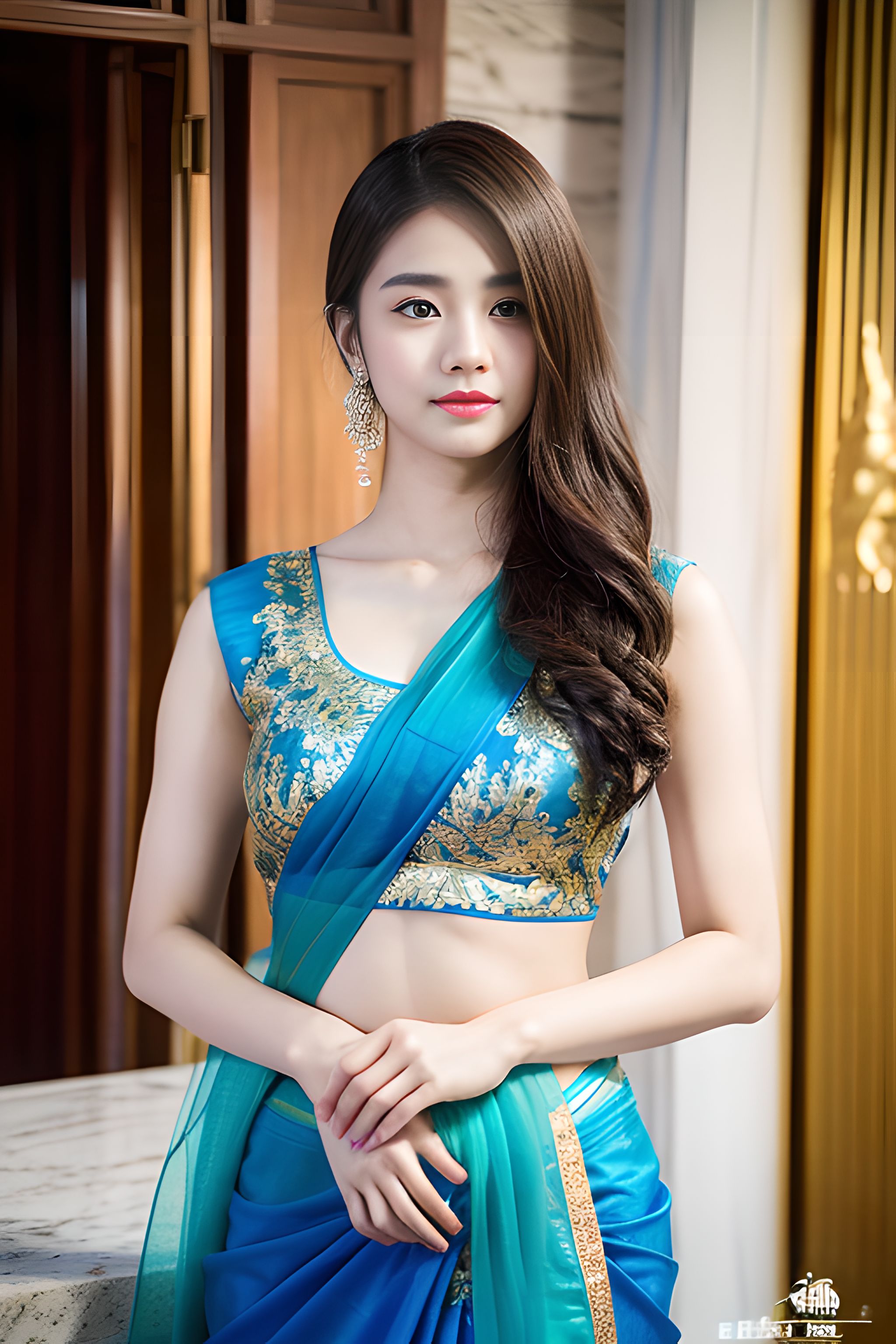 一袭青衣薄纱轻盈灵动,纱丽的穿衣搭配