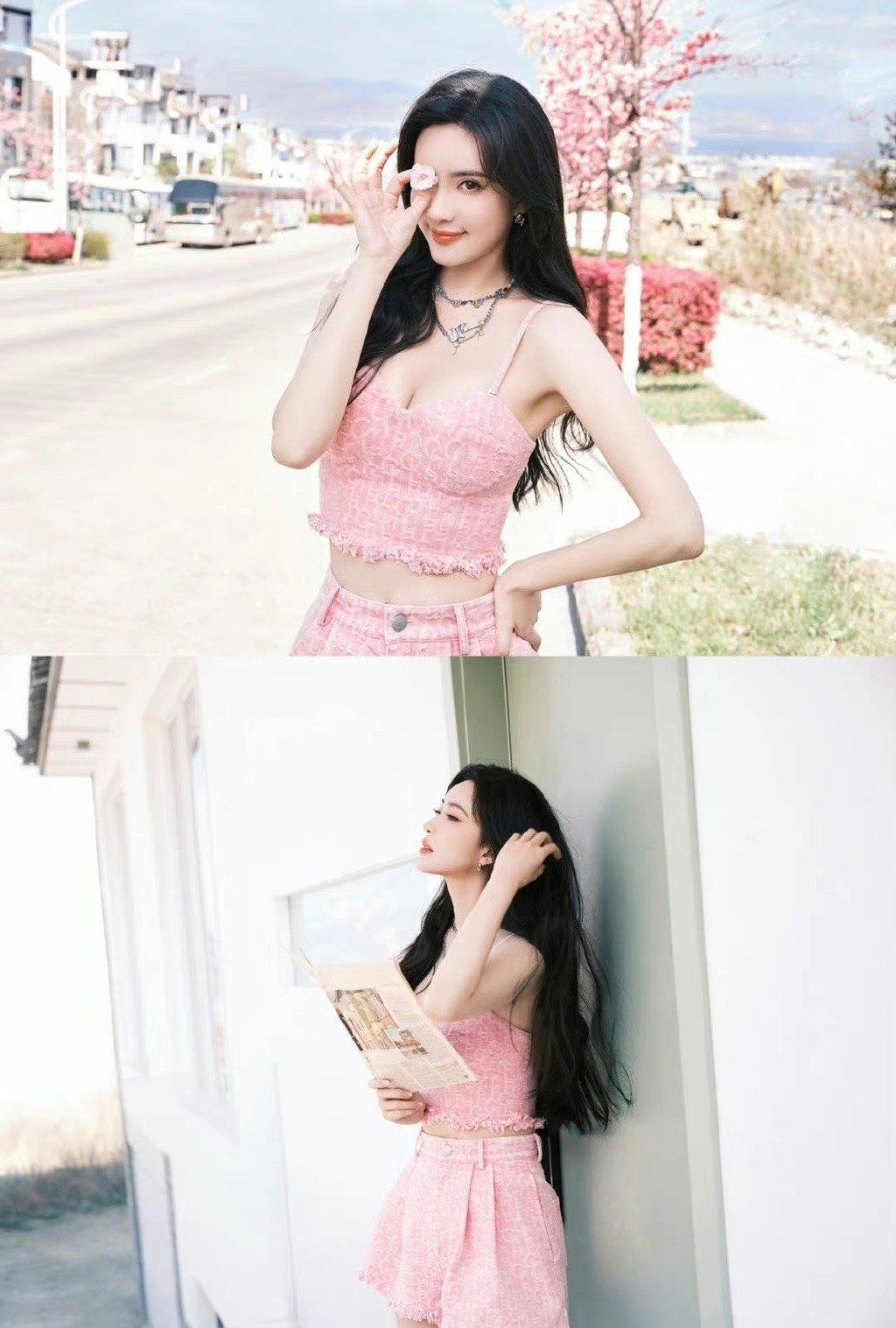 孟子义银色吊带裙造型,孟子义粉色连衣裙写真图片