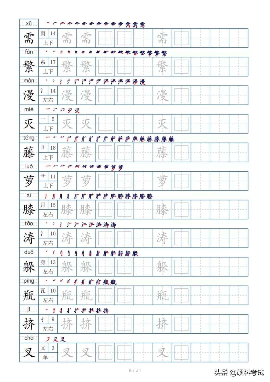 二年级上册语文生字偏旁笔顺练字,四年级下册的全部生字偏旁和笔画