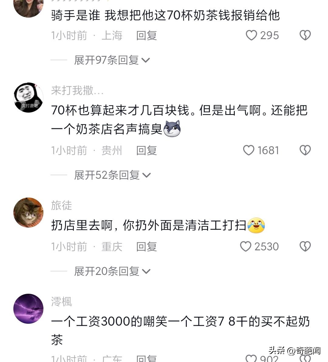 骑手因被歧视买70杯奶茶,店员说骑手买不起奶茶