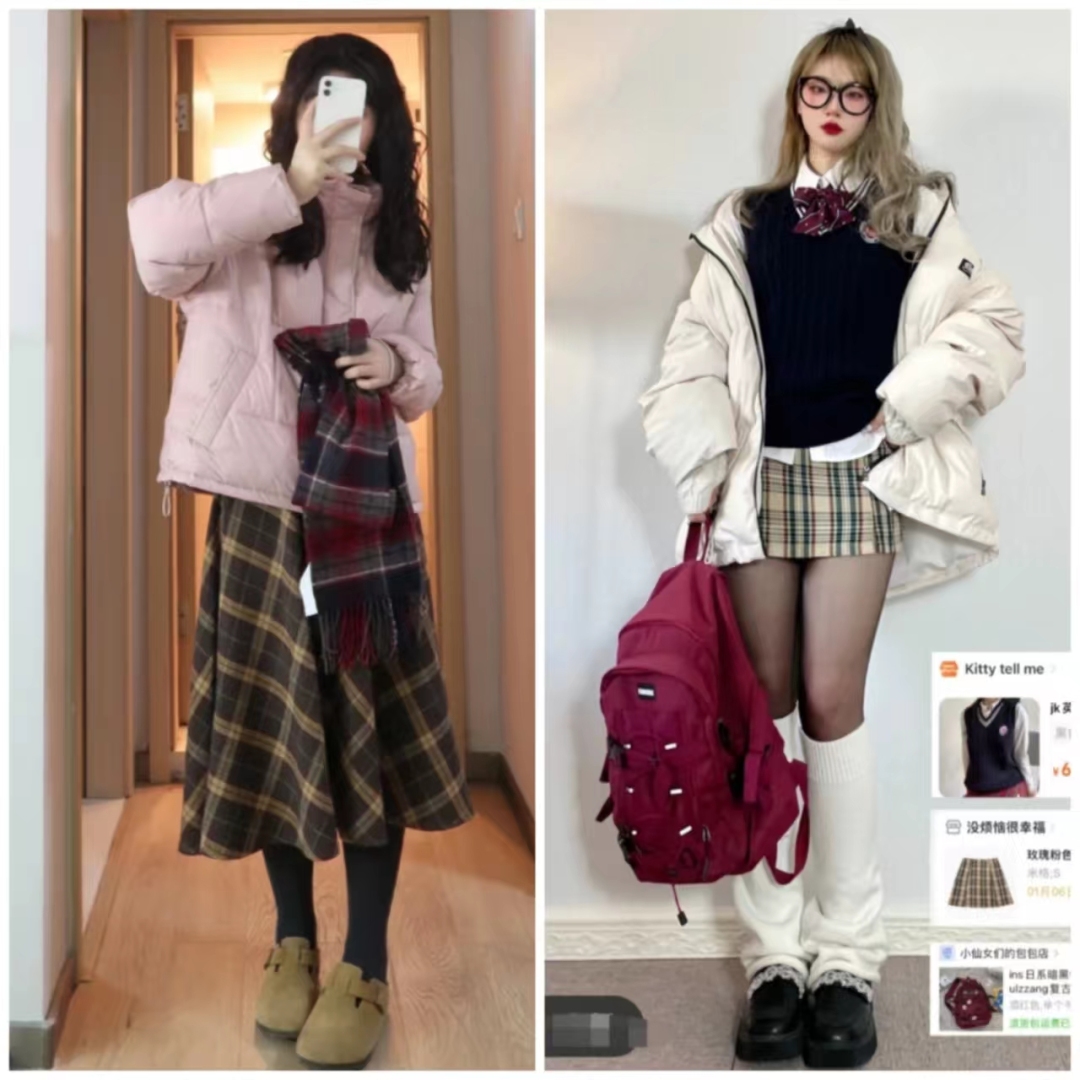 浅蓝色羽绒服怎样搭配黑色半身裙,短款白色羽绒服的最佳搭配半身裙