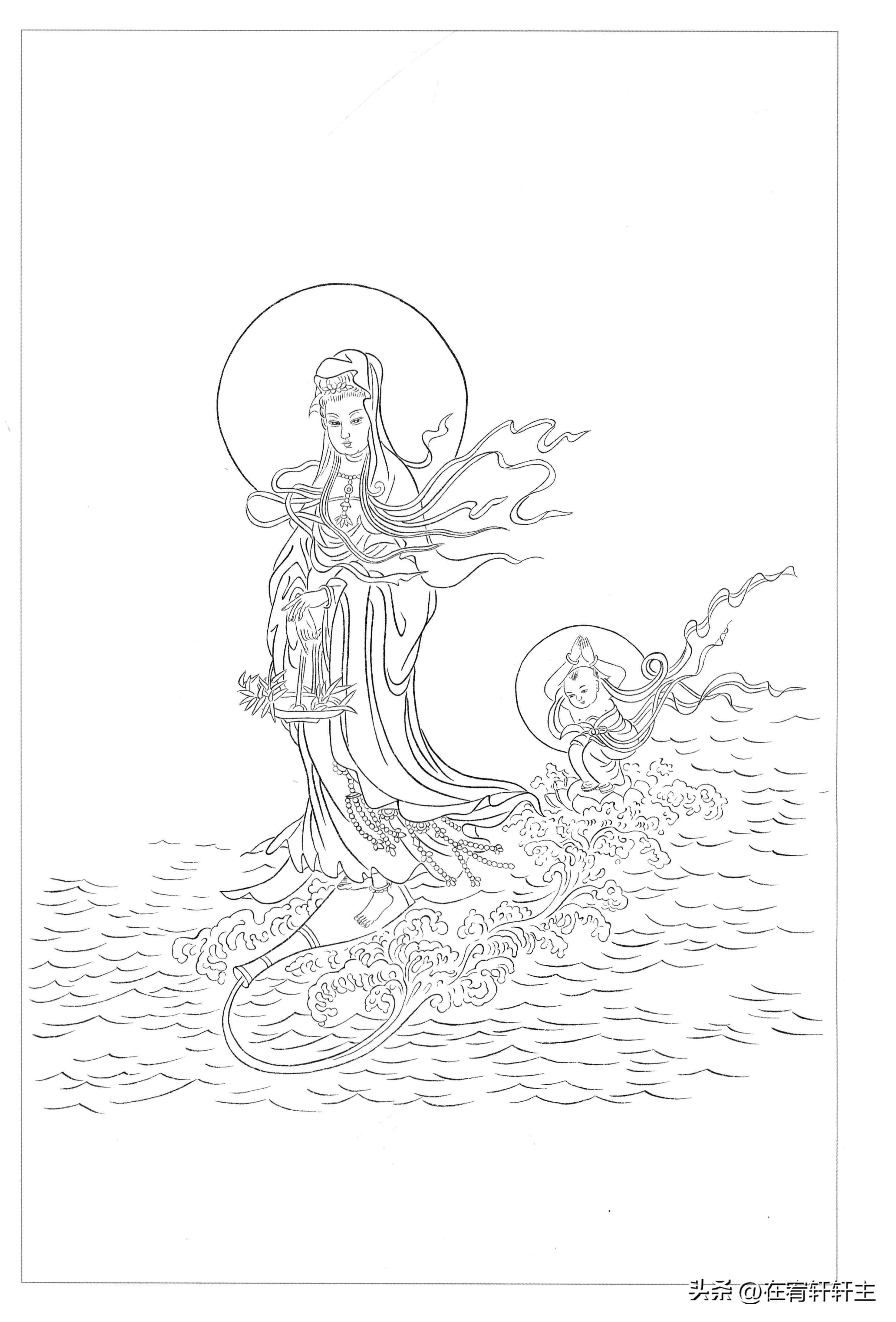 工笔白描观音苏柏斗,工笔画国画白描观音