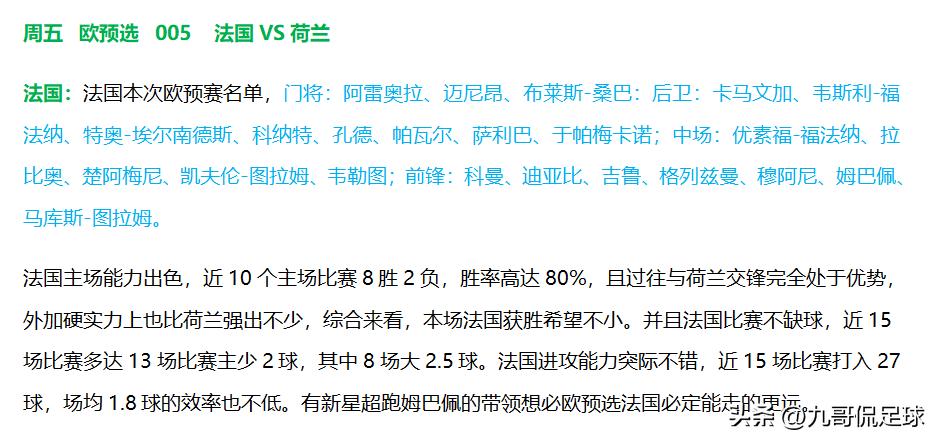 竞彩赛事周三,竞彩足球推荐荷兰法国