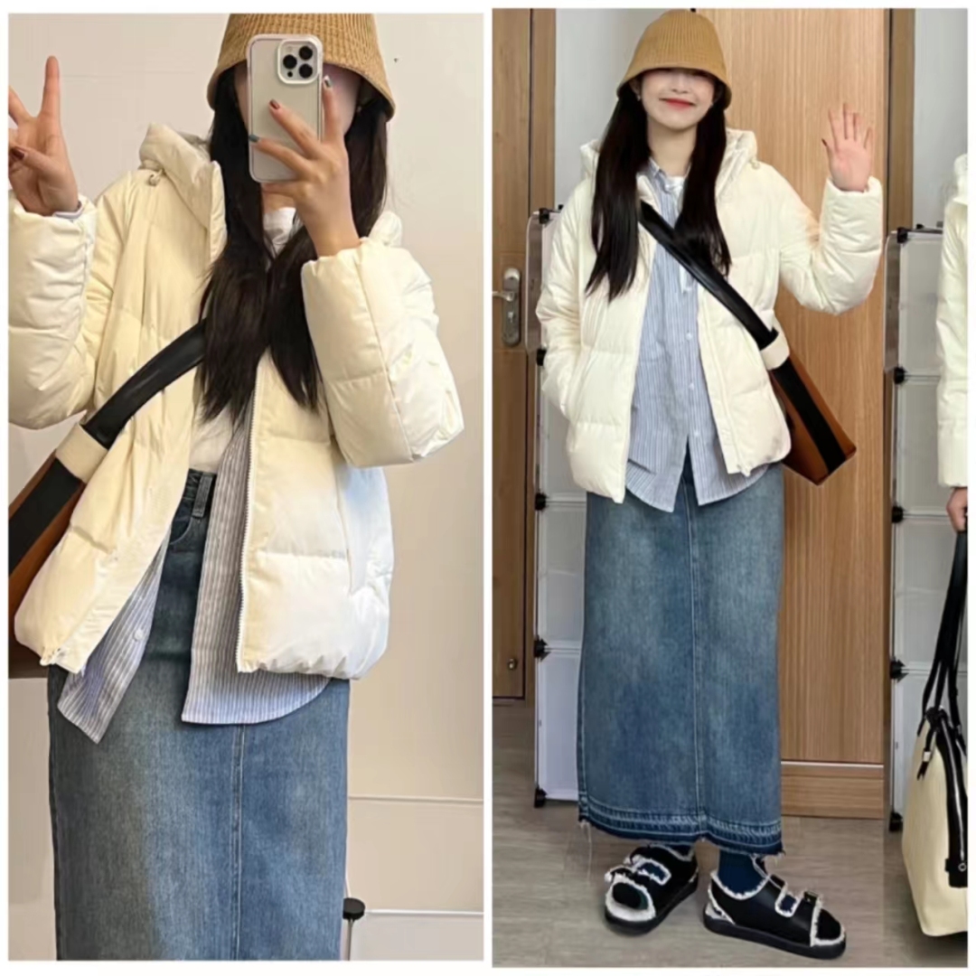 浅蓝色羽绒服怎样搭配黑色半身裙,短款白色羽绒服的最佳搭配半身裙