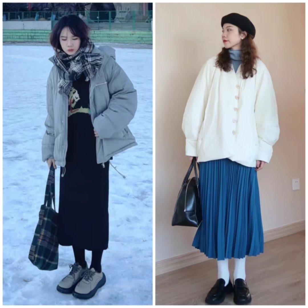 短款白色羽绒服的最佳搭配半身裙,羽绒服搭配哪些裙子才时髦