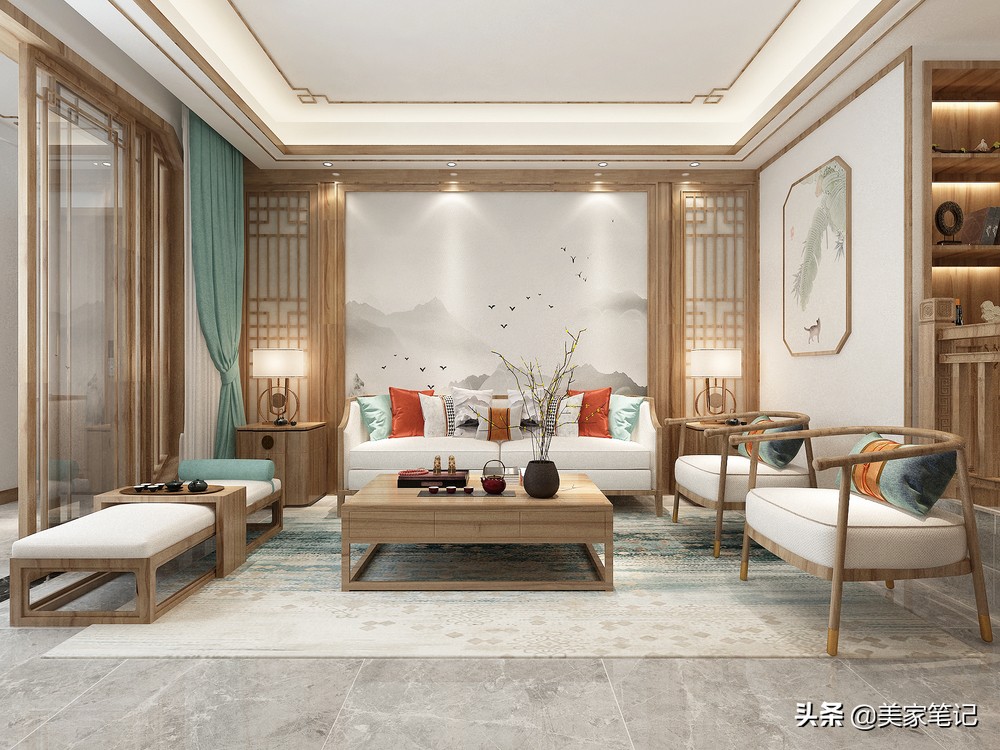 别墅新中式原木色禅意茶室背景,新中式原木色禅意风格装修效果图