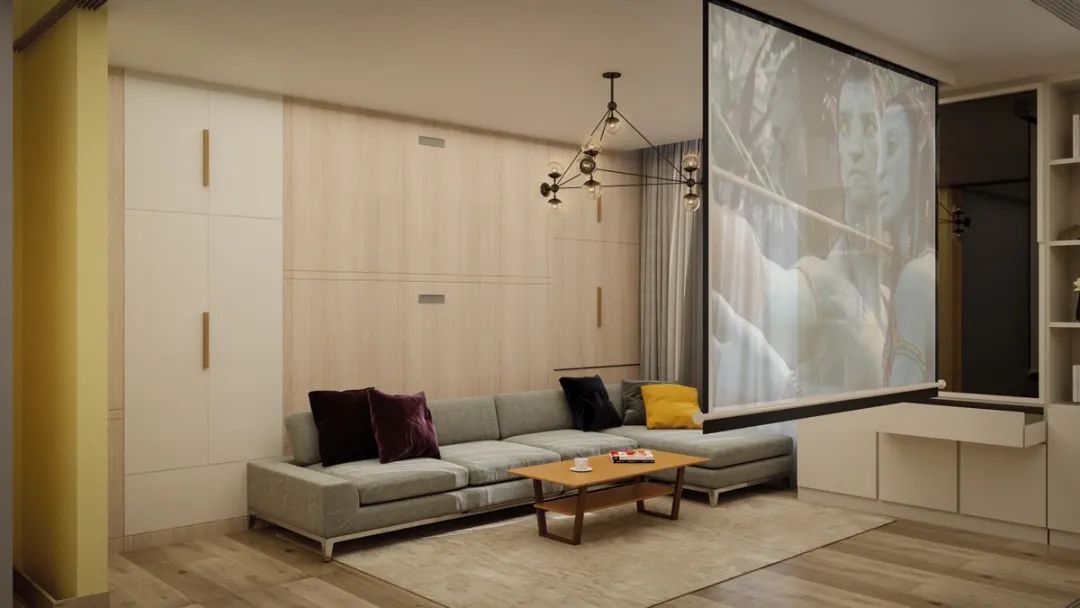 客厅背景墙收纳柜投影仪,50平米投影仪装修效果图大全
