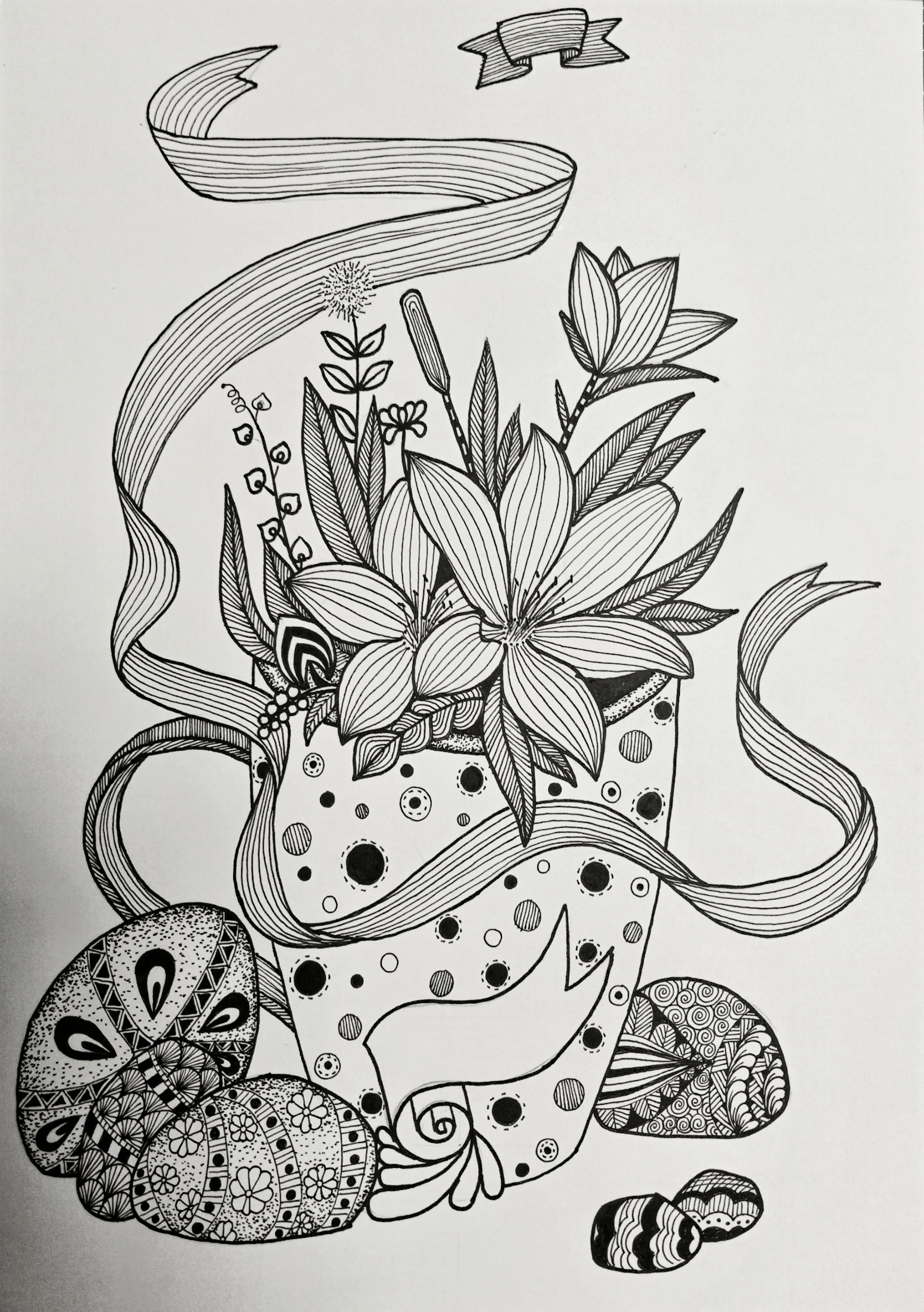 线描画作品花难度中等,高难度黑白线描怎么画教程