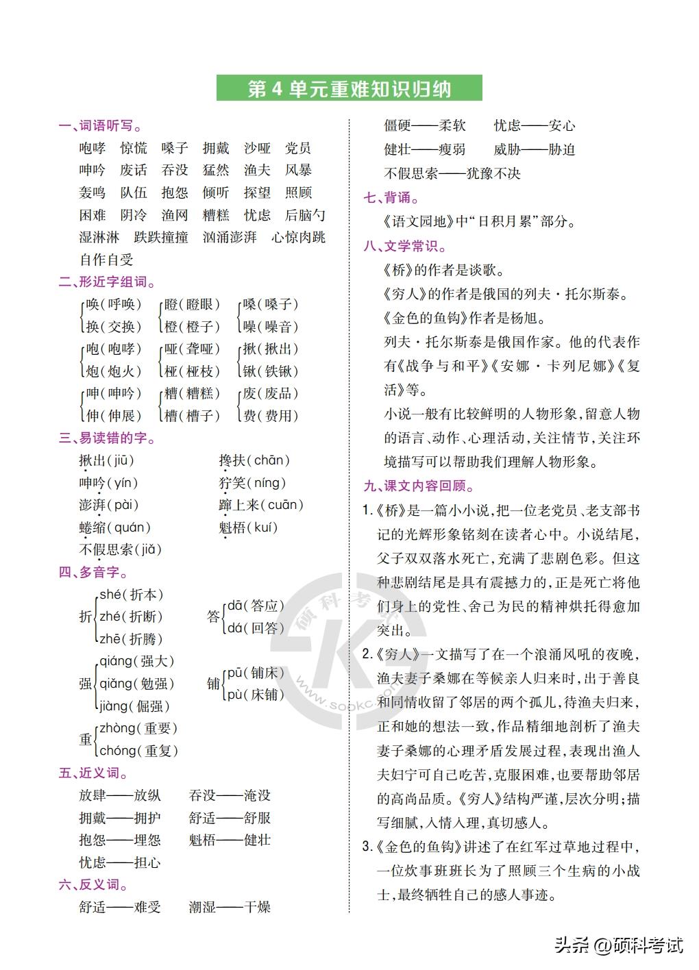六年级语文上册重点高频考点梳理,语文书六年级一二单元复习知识点