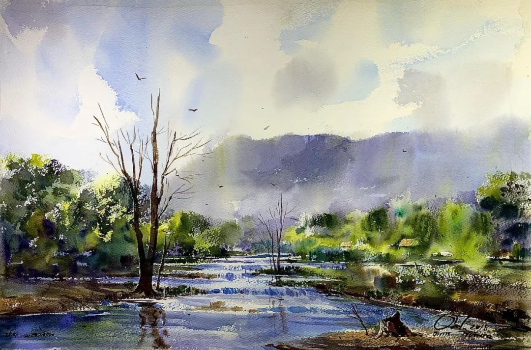 泰国水彩,泰国水彩画家绘画过程